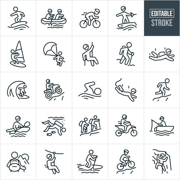 Outdoor Recreation Thin Line Icons - Editable Stroke A set of outdoor recreation icons that include editable strokes or outlines using the EPS vector file. The icons include a person wake surfing, two people river rafting, cyclist cycling, person wake boarding, person wind sailing, person parasailing, person rappelling, hiker hiking, person skydiving, person surfing wave, person riding ATV, person swimming, person bungee jumping, person trail running, person kayaking, person scuba diving, two people hiking up mountain, person riding dirt bike, fisherman fishing from boat, person riding zip-line, person on paddle board, mountain biker mountain biking up mountain and a person rock climbing. zip line stock illustrations