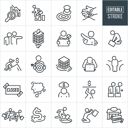 A set of business failure icons that include editable strokes or outlines using the EPS vector file. The icons include a financial data chart going down or loosing money, unqualified worker, push pin missing the target, hand sheltering a wilted money pant, business person being fired from job, business losing money, person cleaning out office after being fired from job, businessman sinking in the water, businessman depressed and on knees holding briefcase, business owner crawling up mountain reaching for dollar sign, business person holding target with arrow missing target, sinking business, business owner with head in hands while seated at computer, worker at crossroads with head down, closed business sign, piggy bank being emptied of money, depressed business person, business people standing in unemployment line, financial pressure, sinking dollar sign, businessman running where he is about to fall in a hole, business owner on knees reaching upward while holding briefcase and a small business with closed sign.