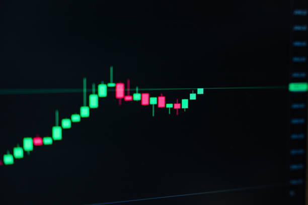 istock Technical trading of candlestick signal graph fast moving with panic market, Line graph of green and red candle movement with profit and loss for trading currency investment 1400100030