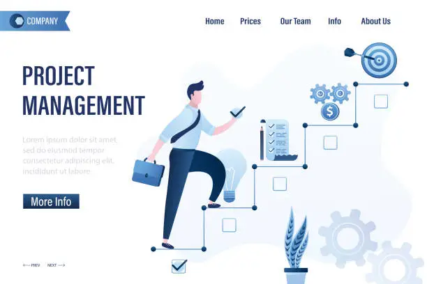Vector illustration of Project management, landing page template. Confident businessman climbs stairs towards goal. Male employee at first step of ladder, stages of successful business project.