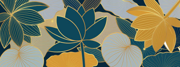 濃い青色の背景に金色の蓮の花が咲いたベクターポスター。ラインアートスタイルの金色の蓮の花。 - lotus点のイラスト素材／クリップアート素材／マンガ素材／アイコン素材