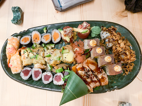 A platter with different kinds of sushi