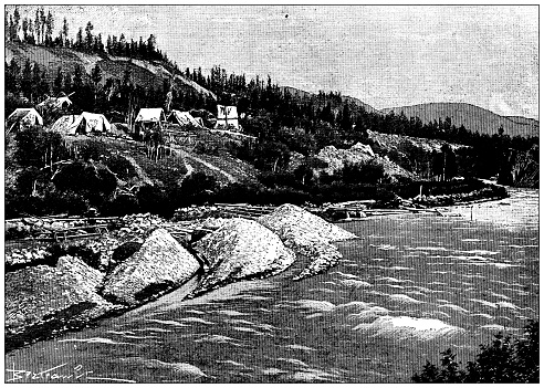 Antique illustration: Gold rush in Canada, Yukon. Lake Atlin first settlements