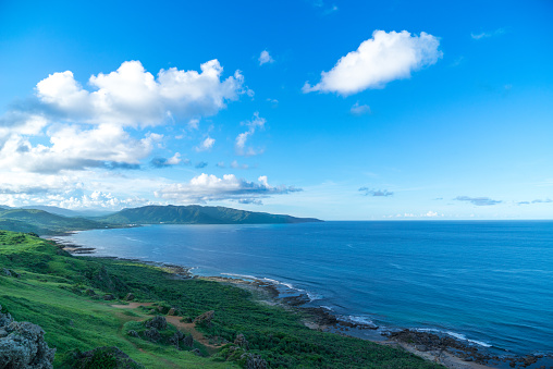 green mountain with blue ocean view at Kauai, Hawaii, USA