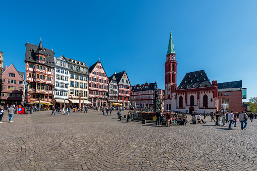 Römerberg is part of the old town of Frankfurt. It is famous for the half-timbered houses and Nikolaichurch. Always many tourists are around.