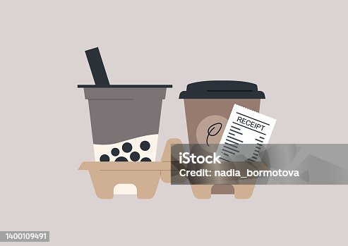 istock Drinks to go in a carton disposable cupholder, boba tea and coffee, modern lifestyle 1400109491