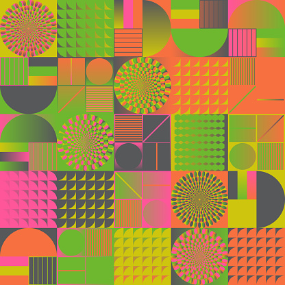 Pop Art style seamless pattern graphics with weird and bizarre motif aesthetics, built with a generative design approach and minimalist geometric forms and abstract vector shapes.
