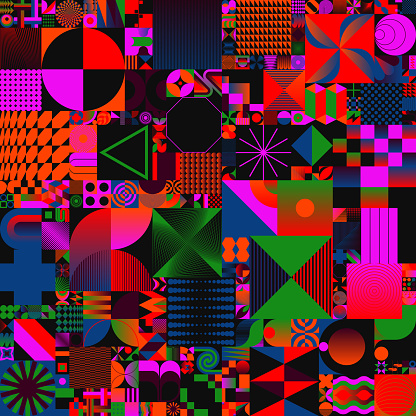 Modern vector seamless pattern graphics made with bizarre psychedelic color gradients and abstract geometric shapes and minimalist geometry forms.