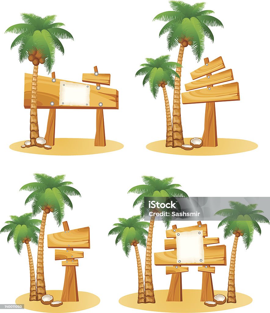 Set of palm trees and wooden sign Set of palm trees and wooden sign. Vector illustrations Art stock vector