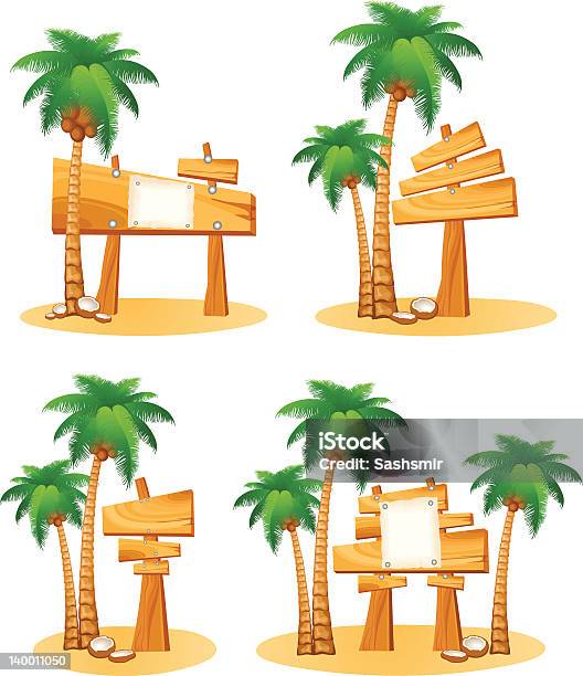 Set Of Palm Trees And Wooden Sign Stock Illustration - Download Image Now - Art, Art And Craft, Art Product