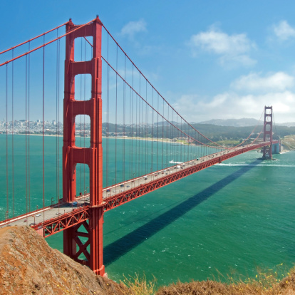 The Golden Gate Bridge in San Francisco with beautiful azure ocean in background