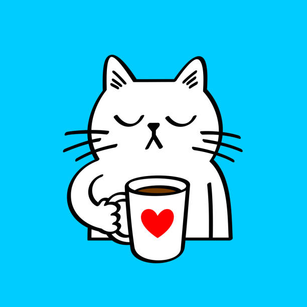 white cat drinking morning coffee - 星期一 插圖 幅插畫檔、美工圖案、卡通及圖標