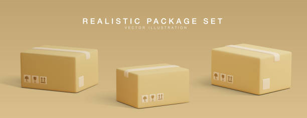 istock Set of 3D cardboard closed boxes isolated on light background. Realistic delivery cargo parcels with fragile care sign symbol, handling with care, protection from water rain. Vector illustration 1400112052