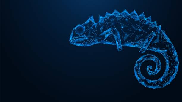 Chameleon. Chameleon. Polygonal lizard design of lines and dots. Blue background. chameleon stock illustrations