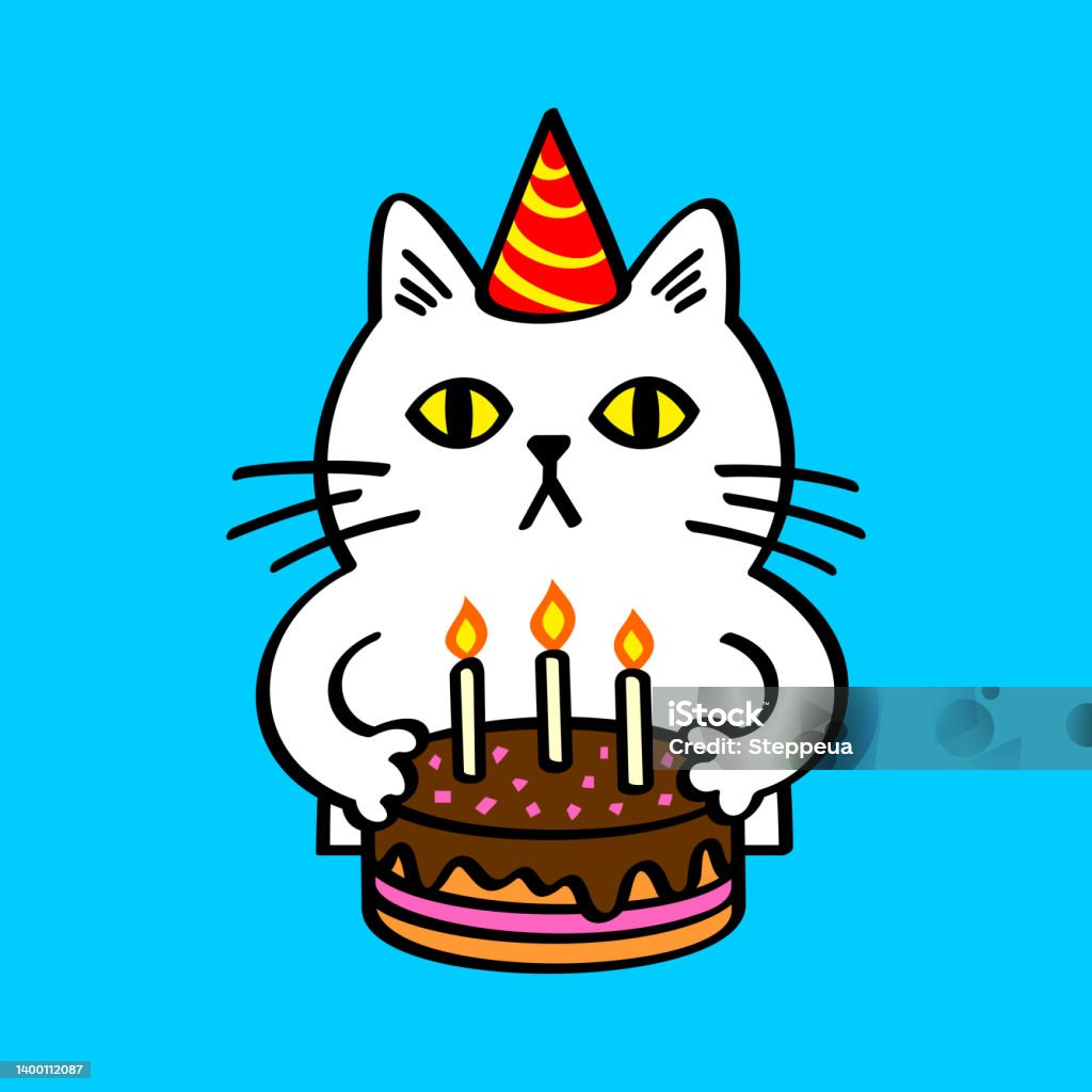 White Cat With Birthday Cake Stock Illustration - Download Image Now -  Sticker, Birthday Cake, Cute - iStock