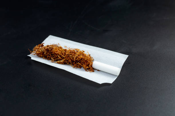tabacco da arrotolare con punta del filtro e carta, isolato su nero - rolling cigarette risk luxury foto e immagini stock