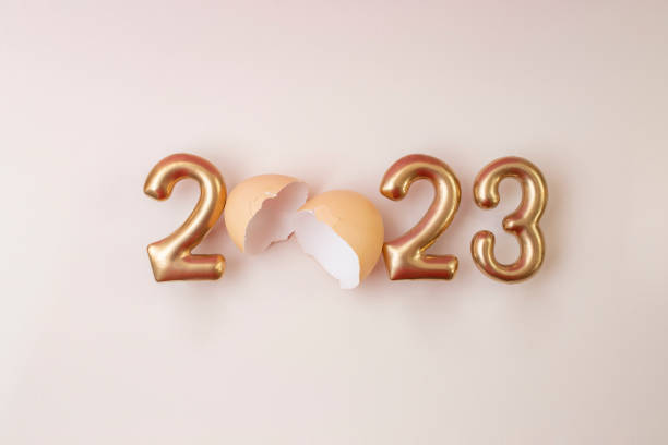 2023 written with golden letters and an egg shell 2023 written with golden letters and an egg shell, happy new year beige card design new year new life stock pictures, royalty-free photos & images