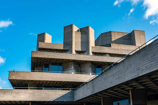 One of the riverside entrances to the National Theatre on the south bank of the River Thames, London