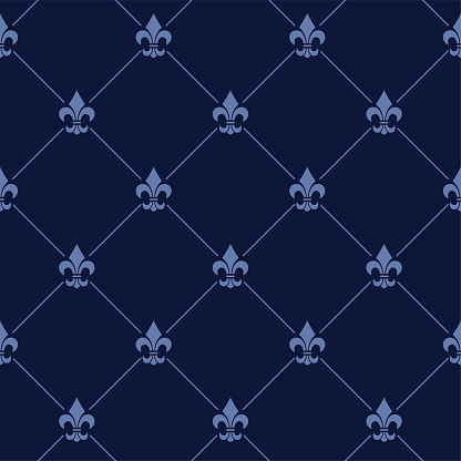 Fleur de lis french damask in blue color, luxury decorative fabric pattern.