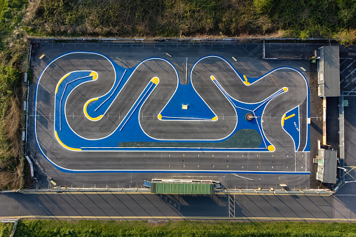 Top down aerial view of racing track designed for RC cars, Stafford, England, UK