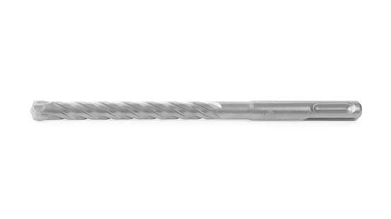 Close-up of a large and long concrete drill. Drill macro shot isolated on white, clipping path included