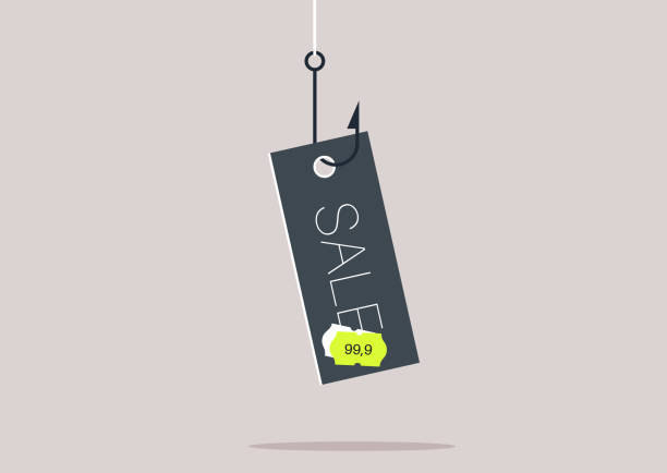 A sale tag hanging on a hook, online scam, a suspicious commercial offer A sale tag hanging on a hook, online scam, a suspicious commercial offer just say no stock illustrations