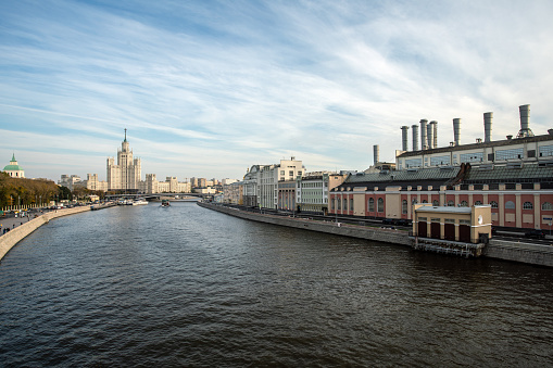 Moscow cityscape. Aerial view of the Moscow-river and old buildings at the waterfront at sunset