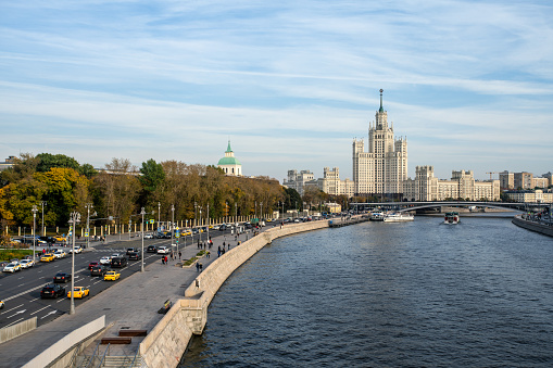 Stalinist skyscraper on Moscva river embankment, Moscow, Russia