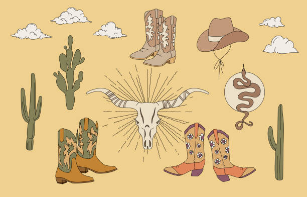 Cowboy Boots And Hat Western Boho Editable Stroke Cowboy boots and hat western boho illustration. Vector graphic with editable stroke. Wild West aesthetic isolated on beige backdrop. country fashion stock illustrations