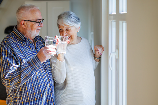 Senior couple with fresh glass of water at home