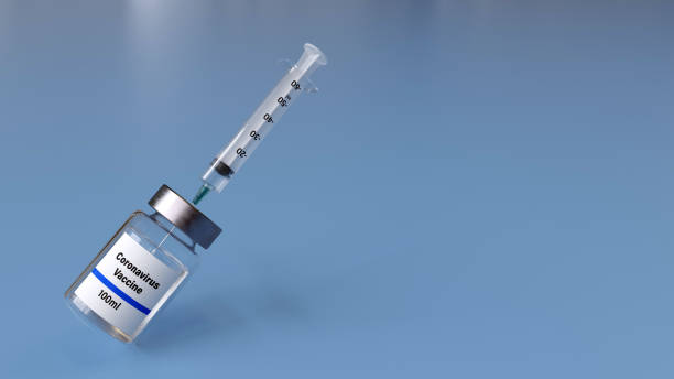 istock Coronavirus Vaccine With Syringe For Injection. Empty Blue Background - 3D Illustration 1400122115