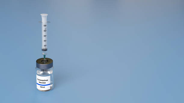 istock Coronavirus Vaccine With Syringe For Injection. Empty Blue Background - 3D Illustration 1400122127
