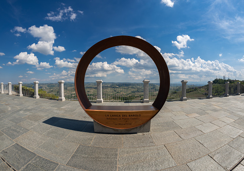 La Morra, Langhe, Italy- May 02, 2022: the Belvedere (viewpoint) on the hills of the Langhe of Barolo in piazza Castello