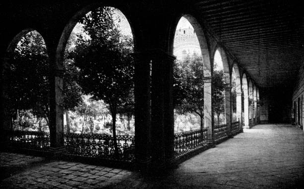 The patio of a hacienda at Mexico City in Mexico State, Mexico. Vintage halftone etching circa 19th century.
