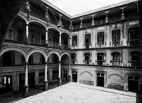 The Palace of Iturbide at Mexico City in Mexico State, Mexico. Vintage halftone etching circa 19th century. At this time the building was being used as a hotel. In 1965 it would be purchased by National Bank of Mexico and become Palacio de Cultura Banamex.