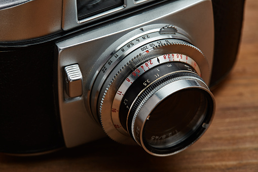 Vintage analog 35mm film camera close-up