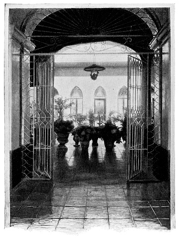 The Art Nouveau style patio at a home in Mexico City in Mexico State, Mexico. Vintage halftone etching circa 19th century.