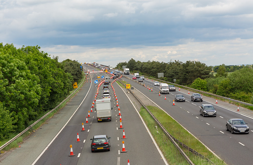 Goole, East Yorkshire, UK May 30 2022.  Ouse Bridge repairs on the M62 motorway between Goole and Howden causing miles of tailbacks to eastbound traffic.  Copy space.  Horizontal.