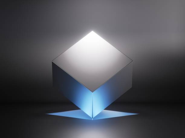 istock 3d render, abstract geometric background with levitating metal cube illuminated with blue neon light 1400126611