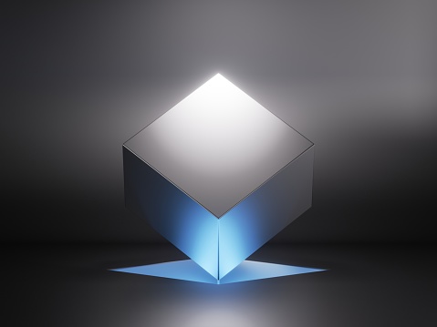 3d render, abstract geometric background with levitating metal cube illuminated with blue neon light