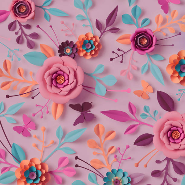 istock 3d render, pink blue floral pattern. Abstract cut paper flowers isolated on pink background, botanical wallpaper. Rose, daisy, dahlia, butterfly, leaves 1400127202