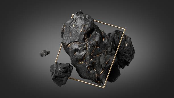 istock 3d render, abstract black background with levitating stones rocks with gold veins and geometric square frames 1400127257