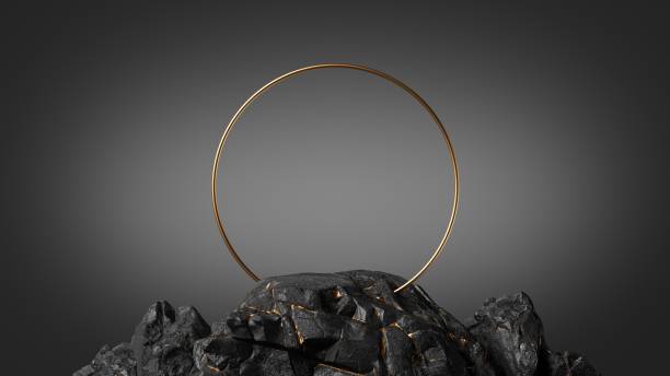 istock 3d render, abstract black background with rocky ground and golden round frame, showcase scene with empty platform for product presentation 1400127267