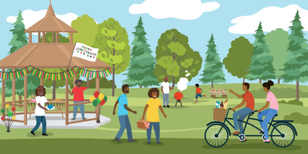 A Group Of People Celebrating The Juneteenth Holiday In The Park Several families enjoying their Juneteenth celebration in a park. They are having BBQ's, riding bikes and playing.  Several layers for easier editing. black family home stock illustrations