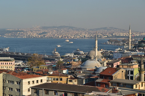 Panorama of Golden Horn on a sunny day with blue sky background, Halic in Istanbul, Turkey, 2015