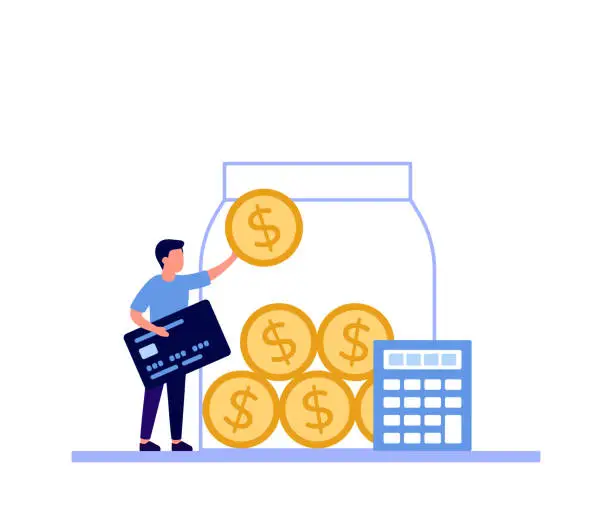 Vector illustration of Man collect money salary into huge glass jar for save coin and make profit. Golden coins for savings, save in account, invest. Finance budget economy. Vector illustration