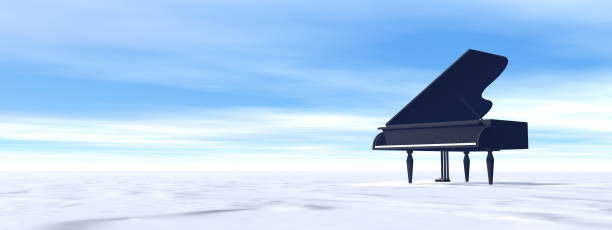 Classical black grand piano in the winter nature - 3D render stock photo