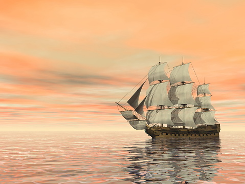 Beautiful old merchant ship floating on quiet water by sunset - 3D render