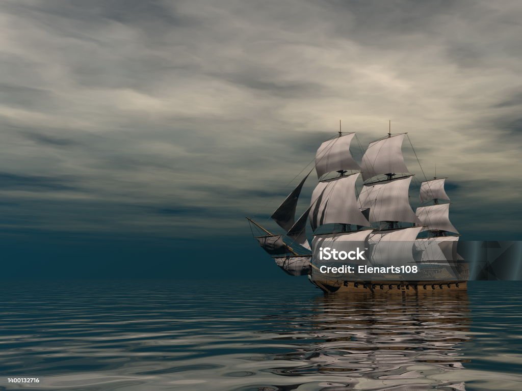 Old merchant ship on the ocean - 3D render Beautiful old merchant ship floating on quiet water by cloudy night - 3D render Galleon Stock Photo