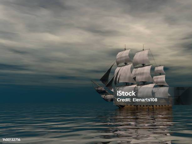 Old Merchant Ship On The Ocean 3d Render Stock Photo - Download Image Now - Galleon, Ship, Galley